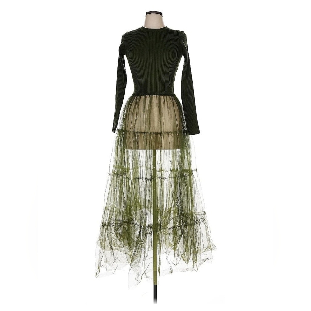 RARE! NWT Luxury RUNWAY Army Green Maxi Sweater Dress L Layered Tiered Tulle